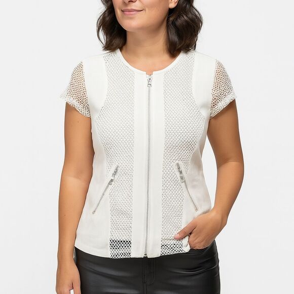 Patrizia Luca Milano Full Zip Mesh White Short Sleeve Jacket Top Small Pockets - Picture 1 of 7
